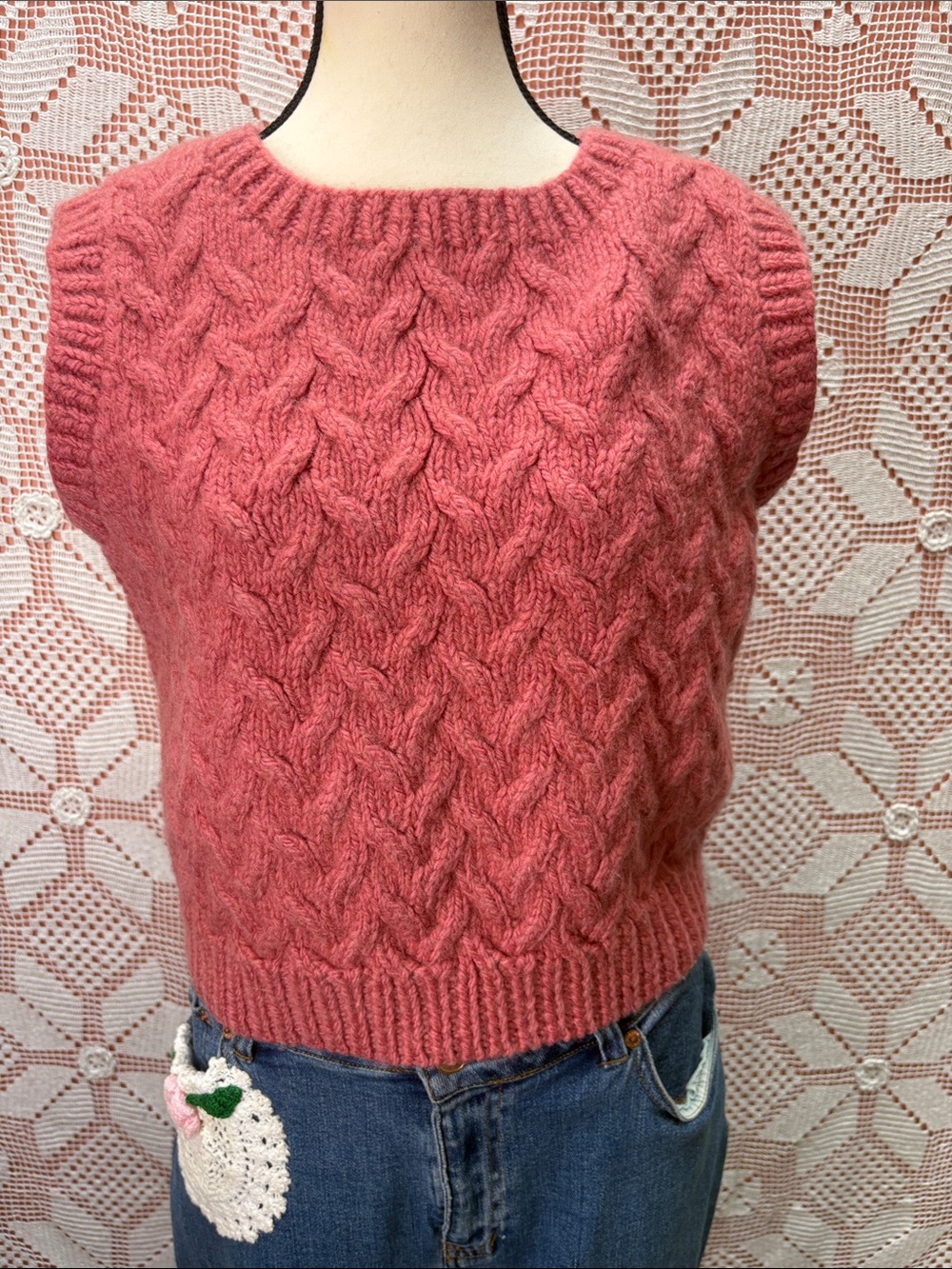 Handcrafted Wool Blend Cable Knit Sweater Vest – Dusty Rose